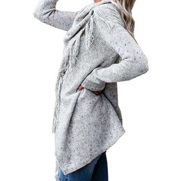 Grey Cardigan Boho Sweater Cover Up Poncho Wrap Knit Tassels Trendy Womens Top - Picture 6 of 12